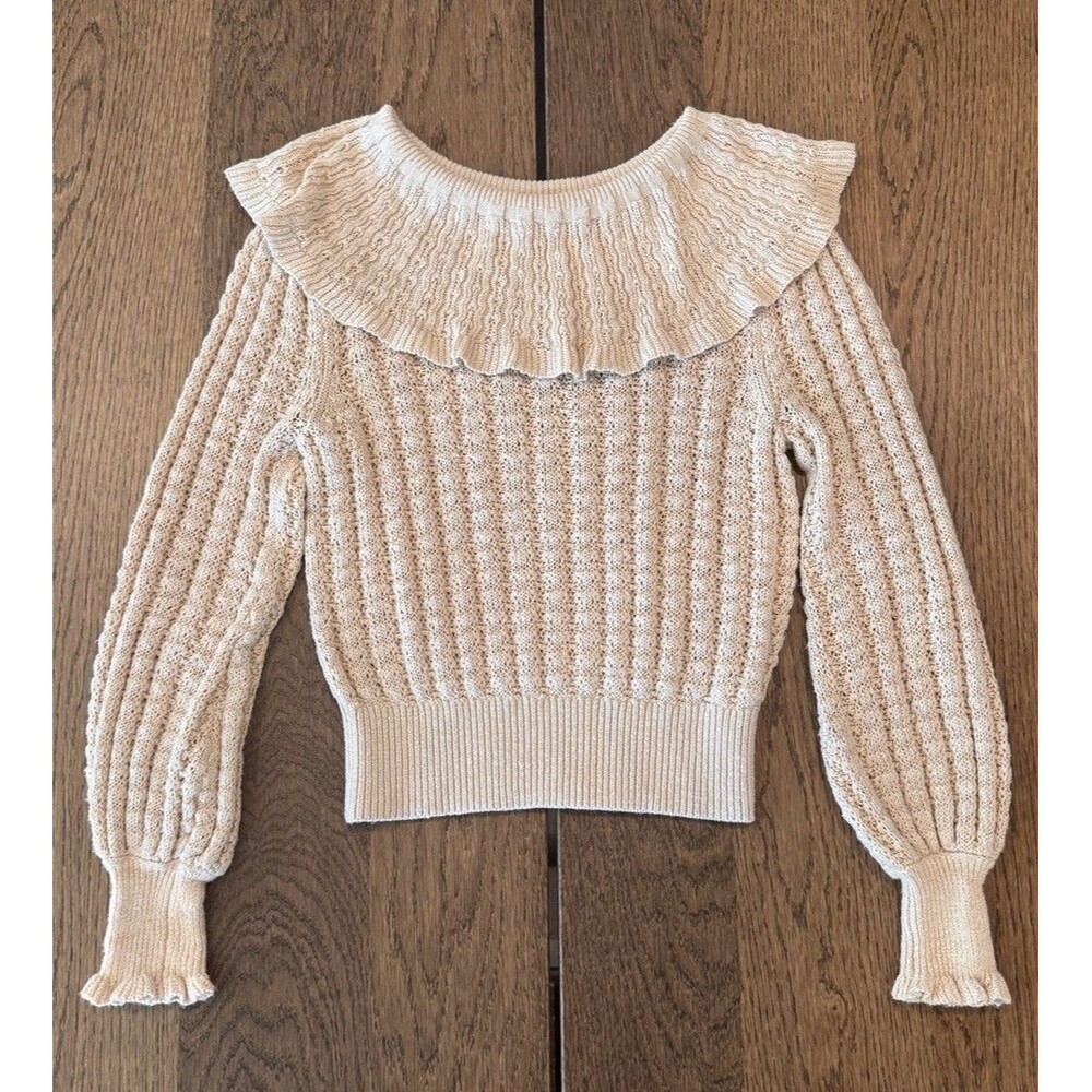 Free People Crazy In Love Linen Blend Knit Sweater Women’s Sz S Beige Ruffles